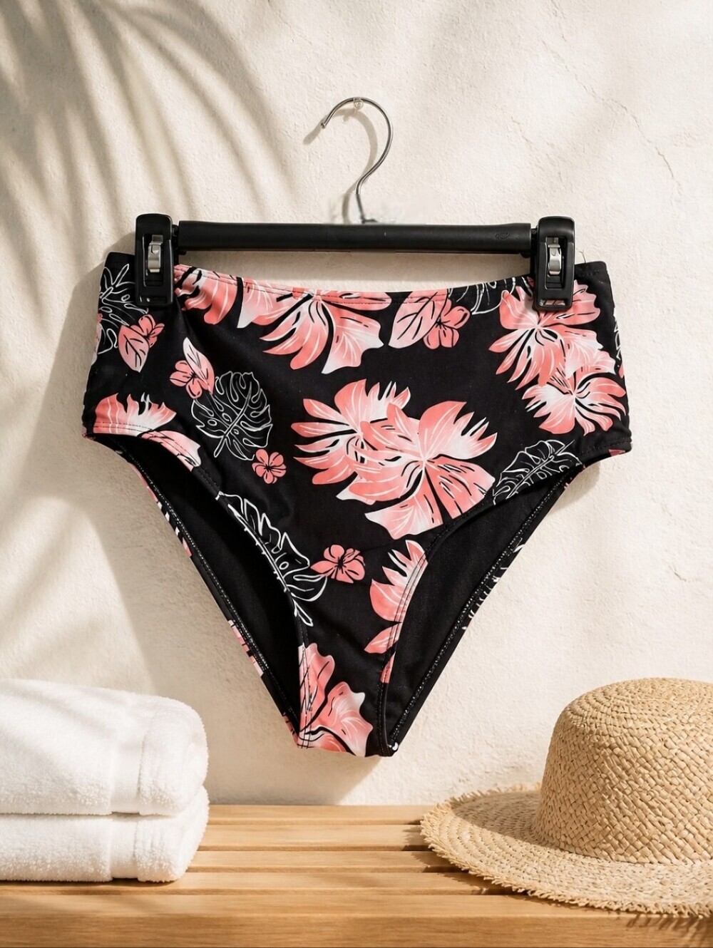RELLECIGA Black & Pink High-Waist Tropical Floral Print Bikini Bottoms Sz Large